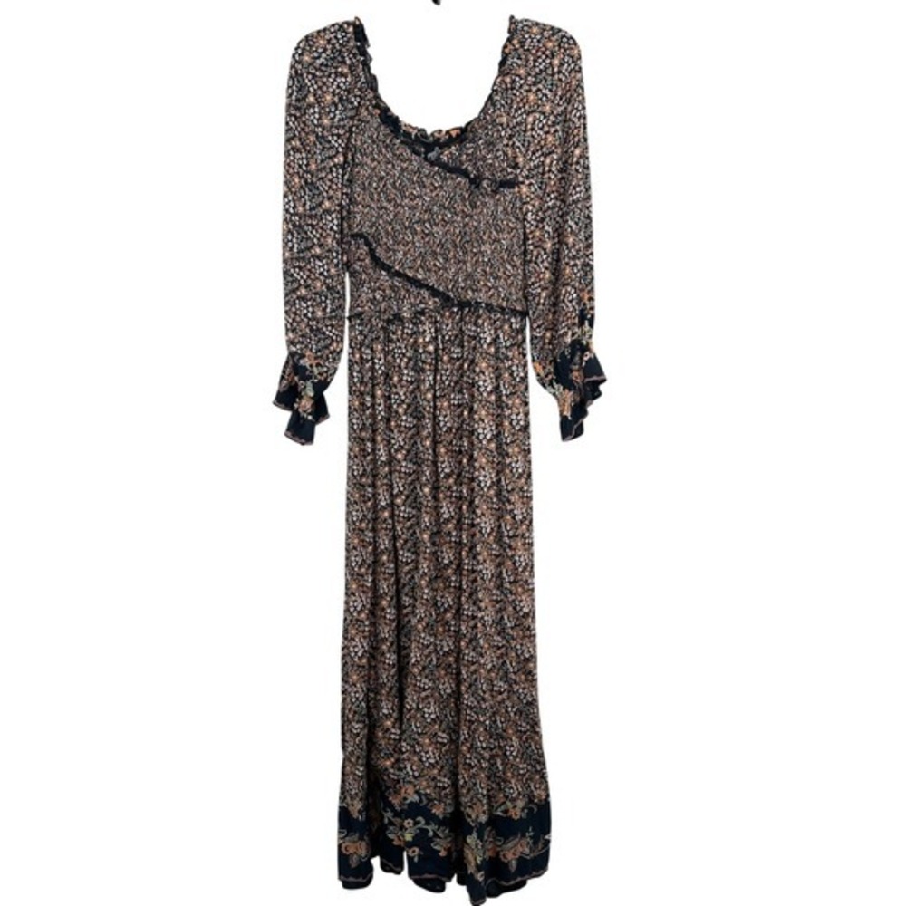 Angie Ditsy Floral Print‎ Maxi Dress Smocked Long Sleeve Bohemian Chic Ruffle